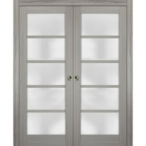 Sliding French Double Pocket Doors 56 x 80 inches Frosted Glass | Quadro 4002 Grey Ash | Kit Trims Rail Hardware | Solid Wood Interior Bedroom Sturdy Doors