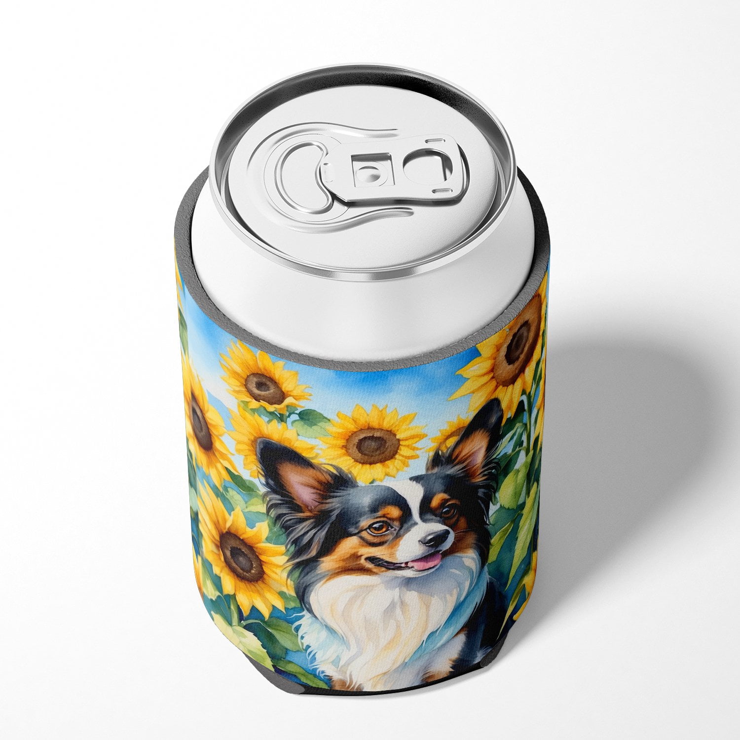 Papillon in Sunflowers Can or Bottle Hugger 3 in x 5 in