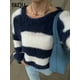 thumbnail image 5 of BKQU, suéter elegante de punto a rayas para mujer, jerséis holgados informales de manga larga con cuello redondo para mujer, jersey de punto de calle para invierno 2024, 5 of 5