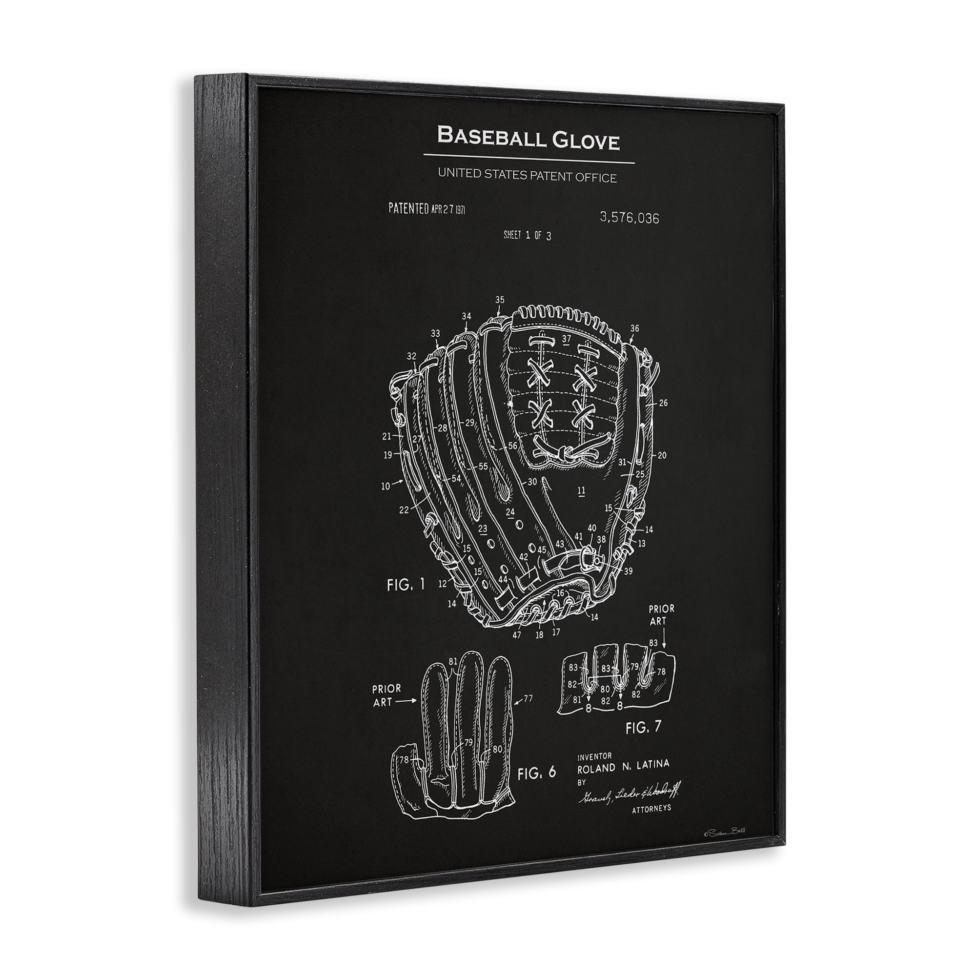Stupell Industries Baseball Glove Blueprint Sports Painting Black Framed Art Print Wall Art, 24 x 30
