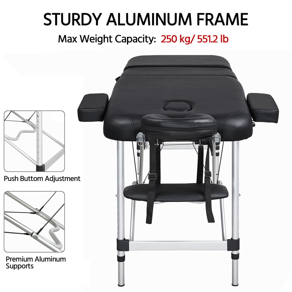 Renwick Professional 3 Fold Adjustable Aluminum Massage Table w/ Backrest/Headrest/Armrest, Black