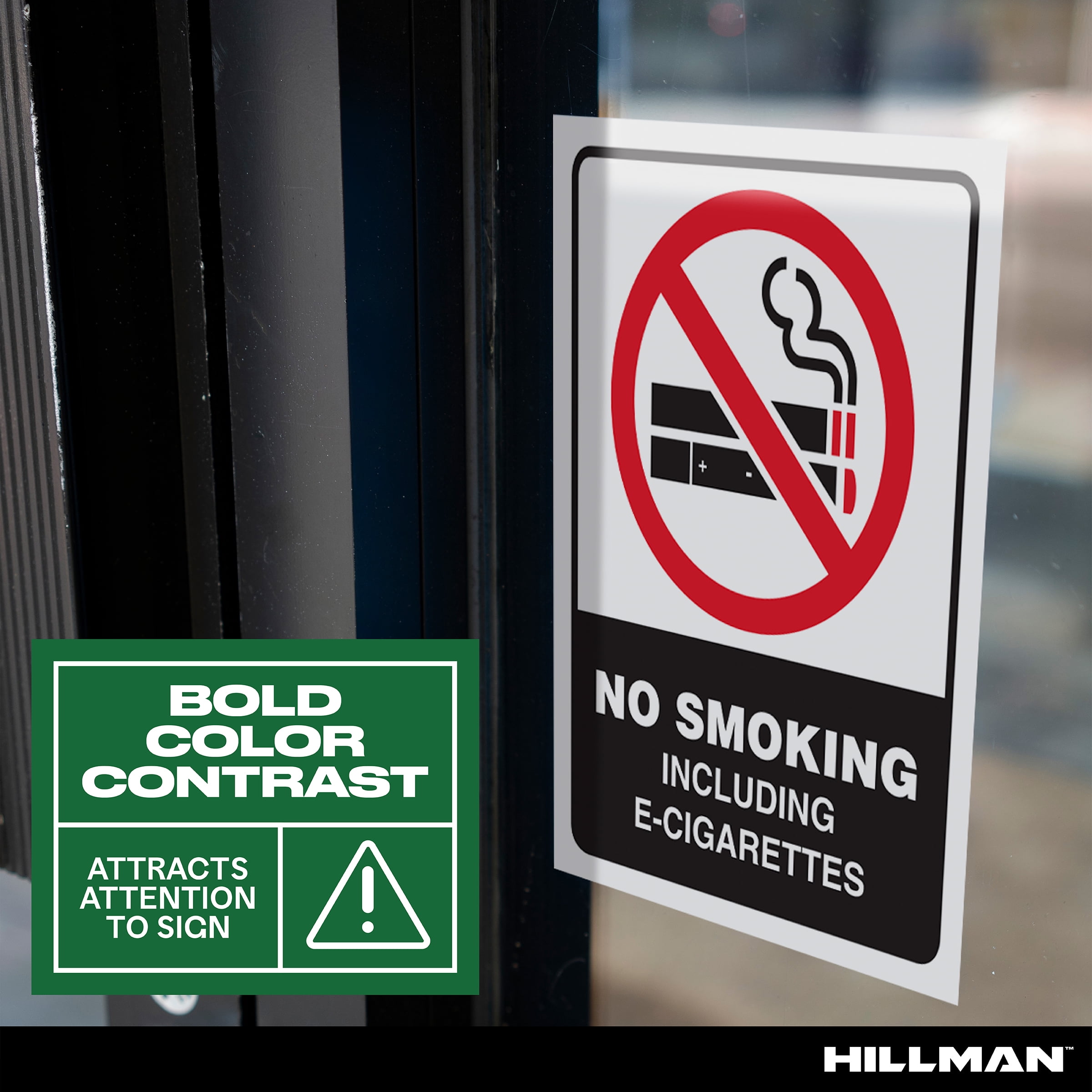 (3 pack) Hillman No Smoking or E-Cigs Sign with Symbol (4" x 6"), Vinyl, White, Black, and Red, 1 Sign