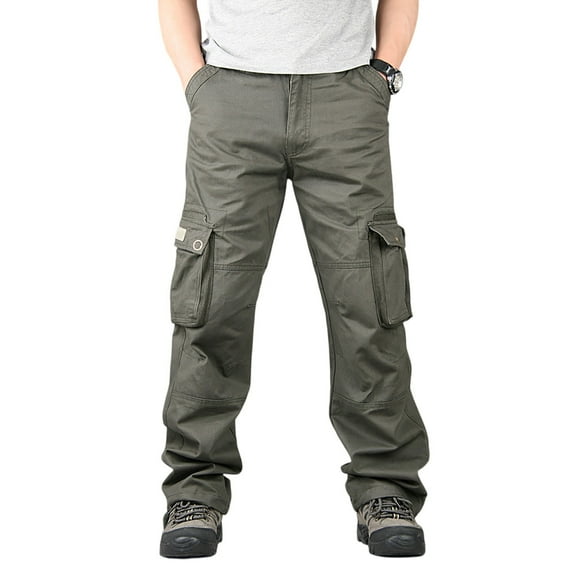 WTOBBY Men's Loose Casual Drawstring Waist Multi-Pocket Work Pants, Elastic Comfort Straight Leg Trousers for Outdoor Activities and Everyday Use,Army Green 29