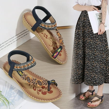 

AOOCHASLIY Women Sandal Clearance Bohemian Flat Flower Rhinestone Sandals Outer Beach Sandals