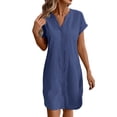 thumbnail image 2 of TAGOLD Womens Short Sleeve V-Neck Dress Linen Solid Color Loose Casual Dress For Summer Daily Wear, 2 of 5