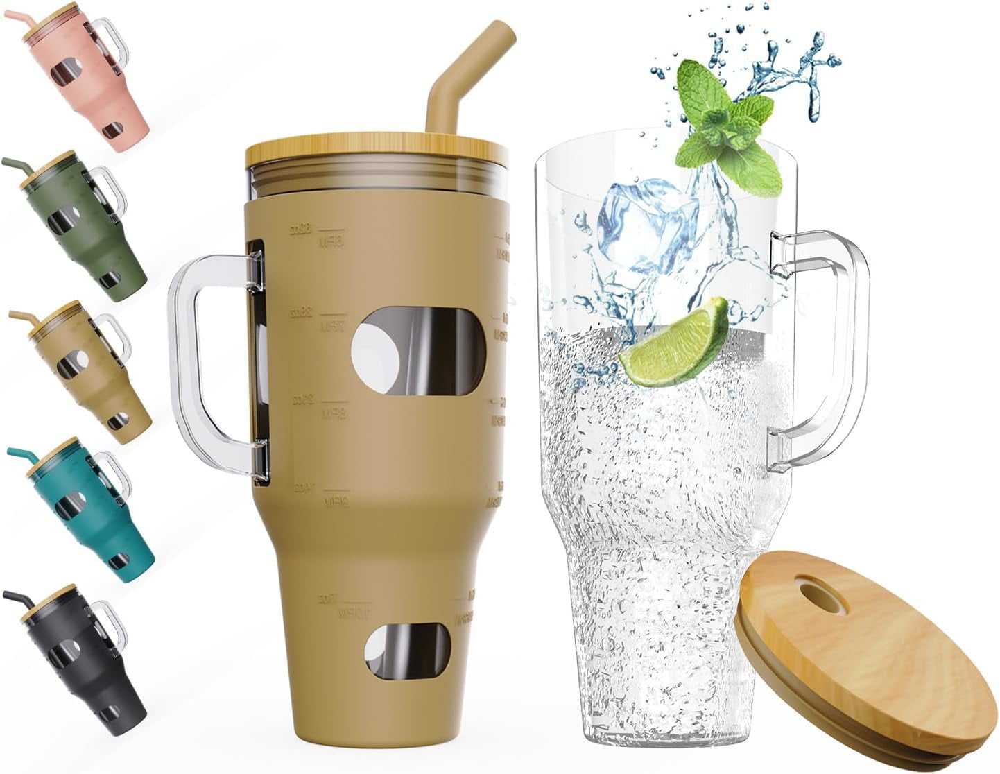 AYAOQIANG 32 Oz Tumbler with Lid and Straw, Glass Water Bottle with Handle, Glass Cup with Time Marker and Sleeve, Fits in Cup Holder BPA Free Amber