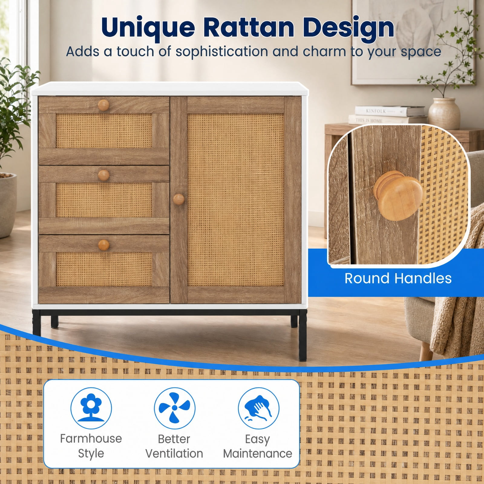 Furnibear Rattan Sideboard Buffet Cabinet with 1 Door and 3 Drawers for Kitchen Dining Living Room Buffet Storage Server, White
