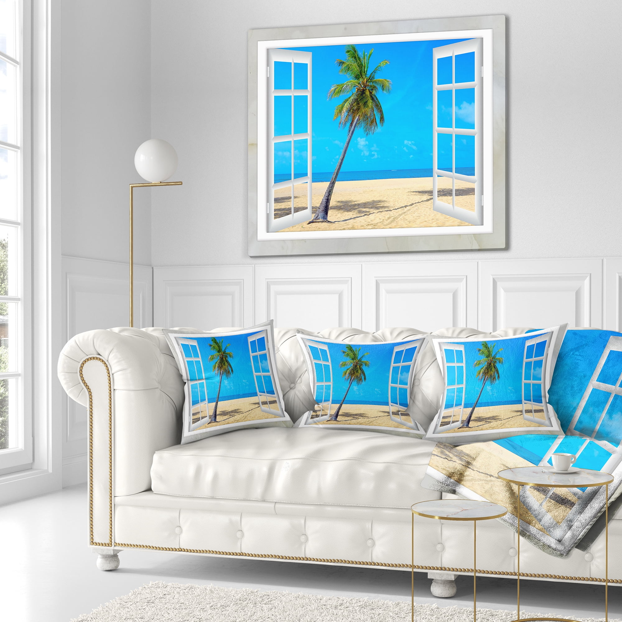 Designart Open Window to Beach with Palm - Seashore Throw Pillow - 18x18