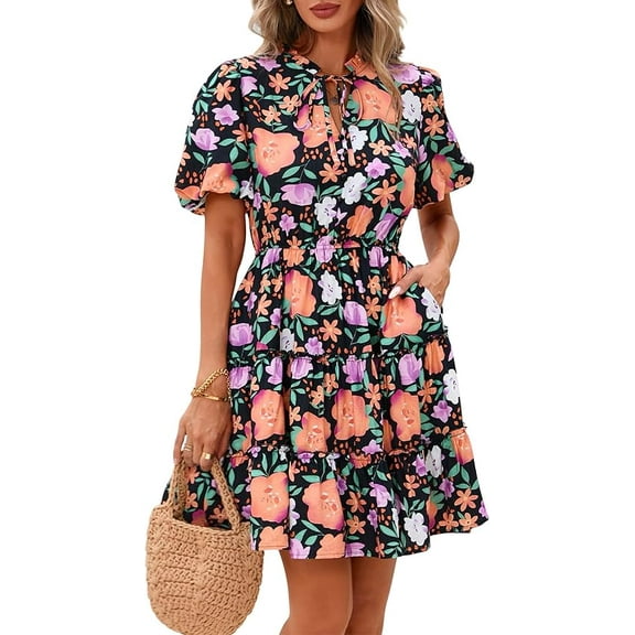 FreshPretty Women Summer Floral Short Dresses V Neck Short Sleeve Tiered Ruffle Boho Swing Dress A-Line Mini Dresses