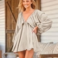 thumbnail image 6 of Women's Dress Summer Resort Solid Color Deep V-Neck Lantern Sleeve Open Back Dress, 6 of 10
