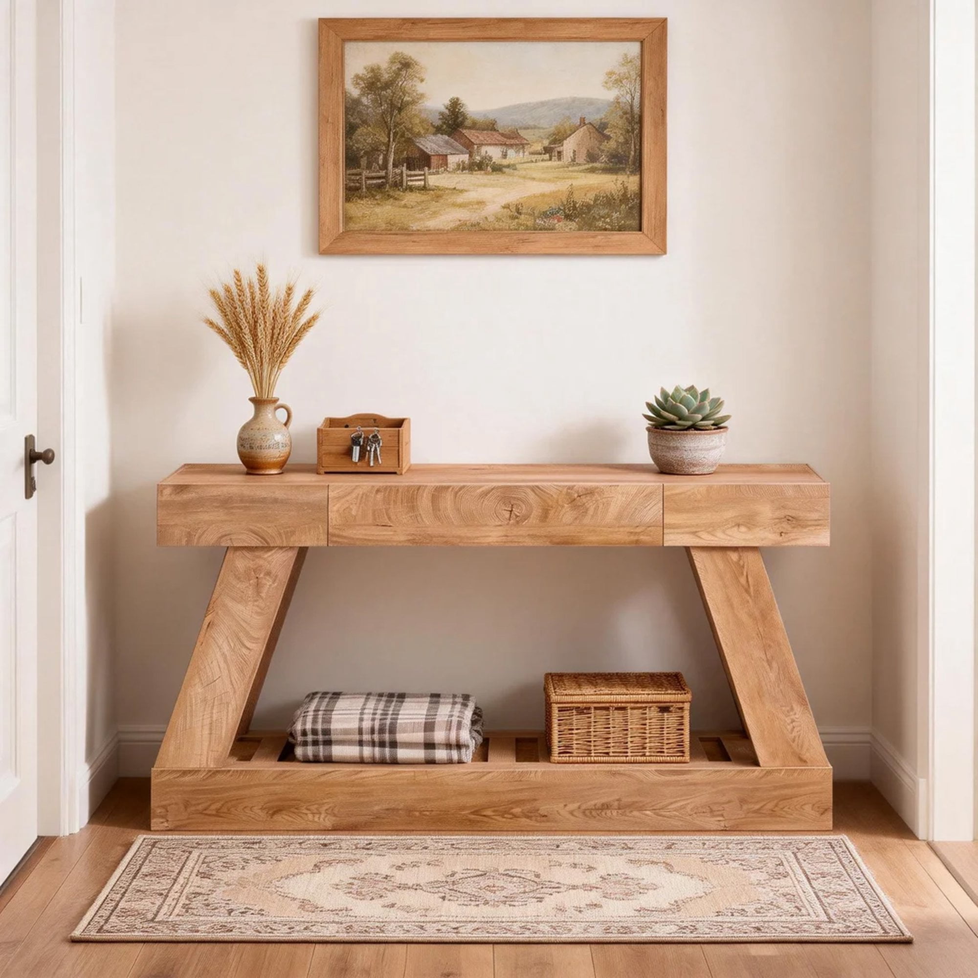 OKD 60" Wood Console Table, Farmhouse 2-Tier Sofa Table Entryway Table with Drawer & Heavy Duty Base for Entrance, Hallway, Living Room - Light Knotty Oak