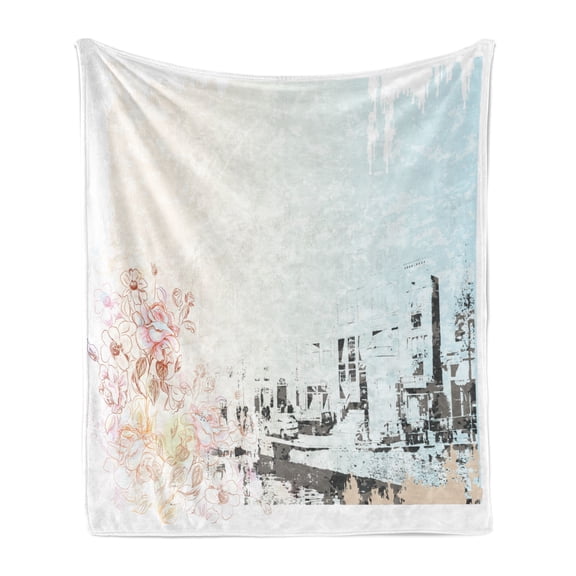 Amsterdam Soft Flannel Fleece Blanket, Vintage Style Watercolor Artwork of a Street with Antique Buildings and Flowers, Cozy Plush for Indoor and Outdoor Use, 50" x 60", Multicolor, by Ambesonne