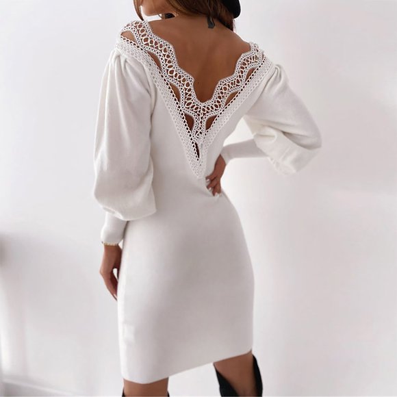 Dress Women's Solid Lace V-Neck Backless Long-sleeved Sheath Tight Mini Dress