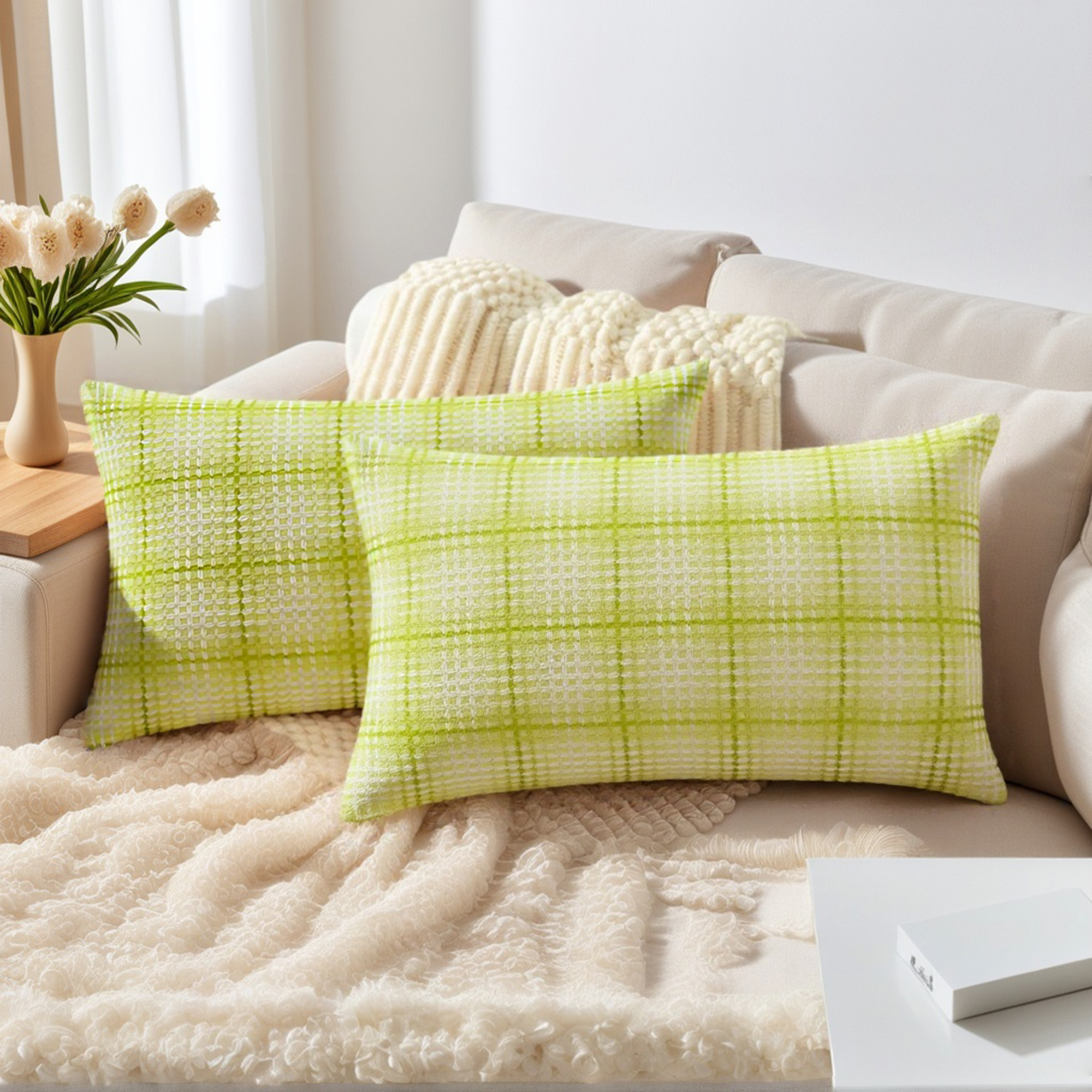 Unique Bargains Plaid Decorative Throw Pillow Covers Pack of 2 Green 20" x 12"