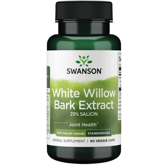 Swanson Maximum Strength White Willow Bark Extract - Promotes Joint Support and Muscle Relief - Standardized to 25% Salicin - Natural Supplement with No Stomach Irritation -60 Veggie Caps, 500mg Each