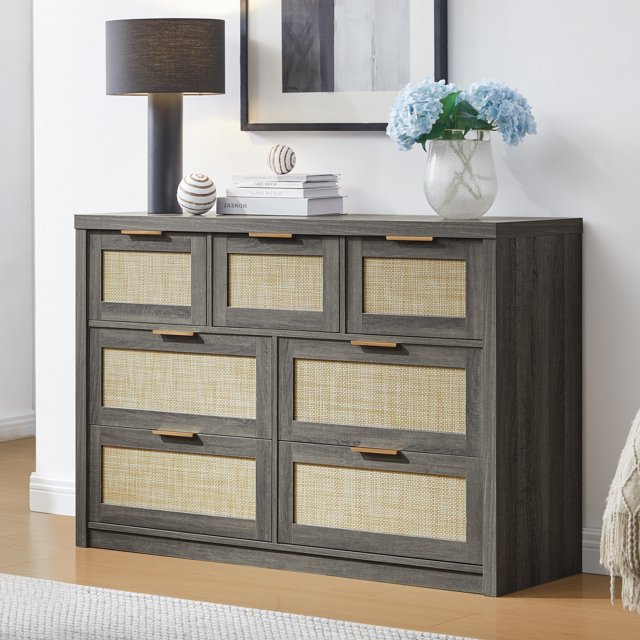 OAKHAM Commode 7 Tiroirs, Grand Commode en Rotin pour Chambre à Coucher Salon, Chêne Minuit