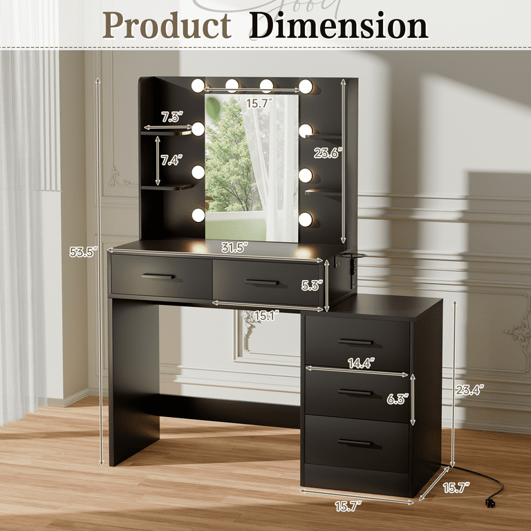 Lacoo Vanity Desk with 5 Drawers & Charging Station, Makeup Vanity with Lights & 4 Shelves, Dressing Table for Bedroom, Black