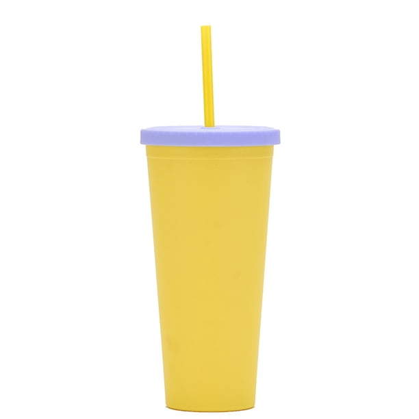 Yuarrent Vaso de paja de plástico de doble capa de Color caramelo, botella de agua para café, té, leche, tazas esmeriladas, tetera, vaso de Cocina y Comedor Amarillo