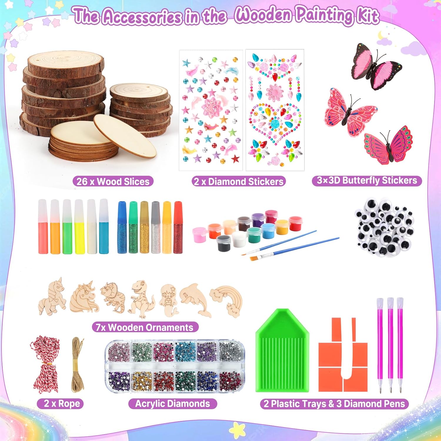 Wooden Painting Kit for Kids 6-12, 26 Pcs Wood Slices Craft Kit Gift Set with Assorted Gems & Diamond Painting Tools, Creative Art Activity Supplies for Boys Girls