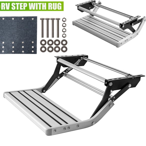 Manual RV Step, Single Retractable Step with Rug, 440 LBS Load Capacity RV Step, Foldable Aluminum Camper Steps, Non-Slip RV Stair for RV, Trailer, Camper