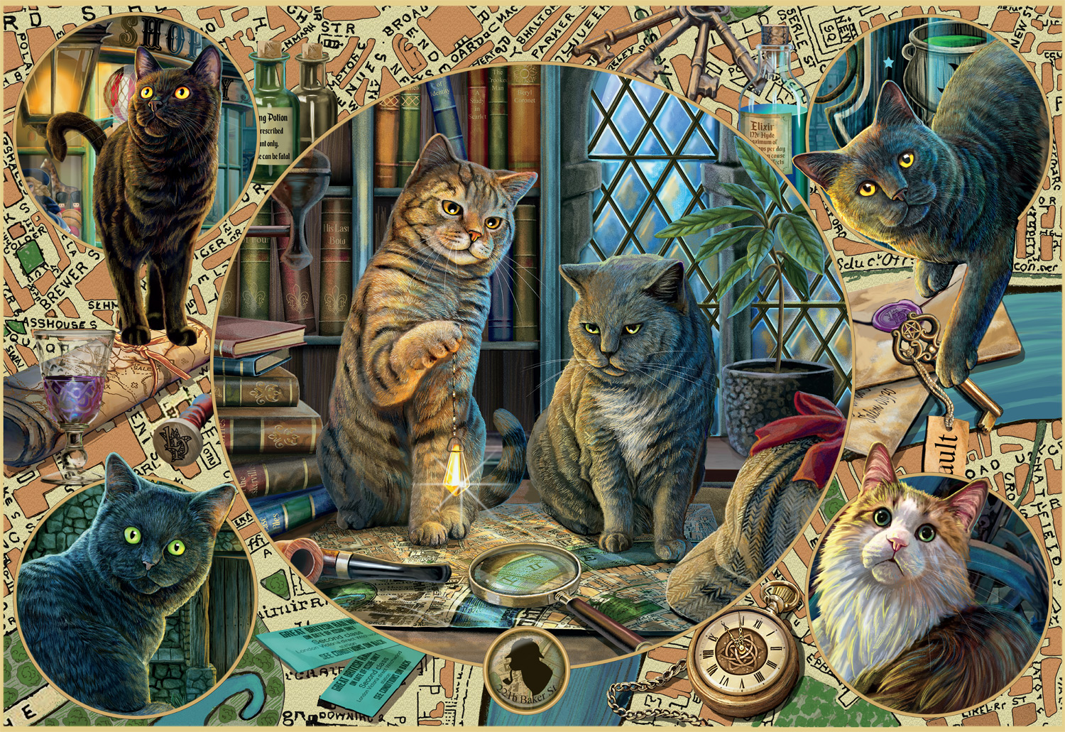 Ceaco 2000 Piece Purrlock Holmes Mystery (Lisa Parker) Interlocking Jigsaw Puzzle