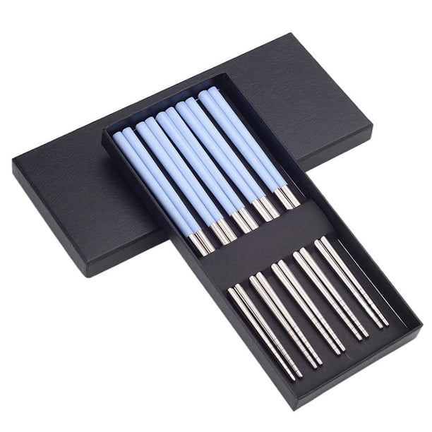Zhuge 5 pares de palillos chinos reutilizables de metal con pajita de trigo, palillos chinos portátiles de acero inoxidable para cajas bento, escuela, hogar, oficina, uso en campamentos (azul)