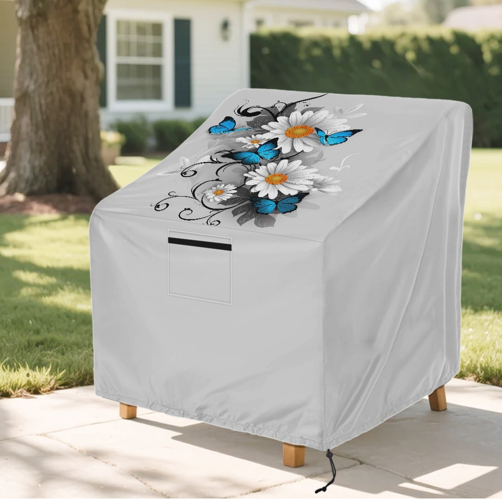 Renewold Waterproof Outdoor Chair Covers Windproof Lounge Deep Seat Covers Funiture Covering for Stackable Furniture Seating, 38"W x 38"D x 36"H, Butterfly Daisy Gray