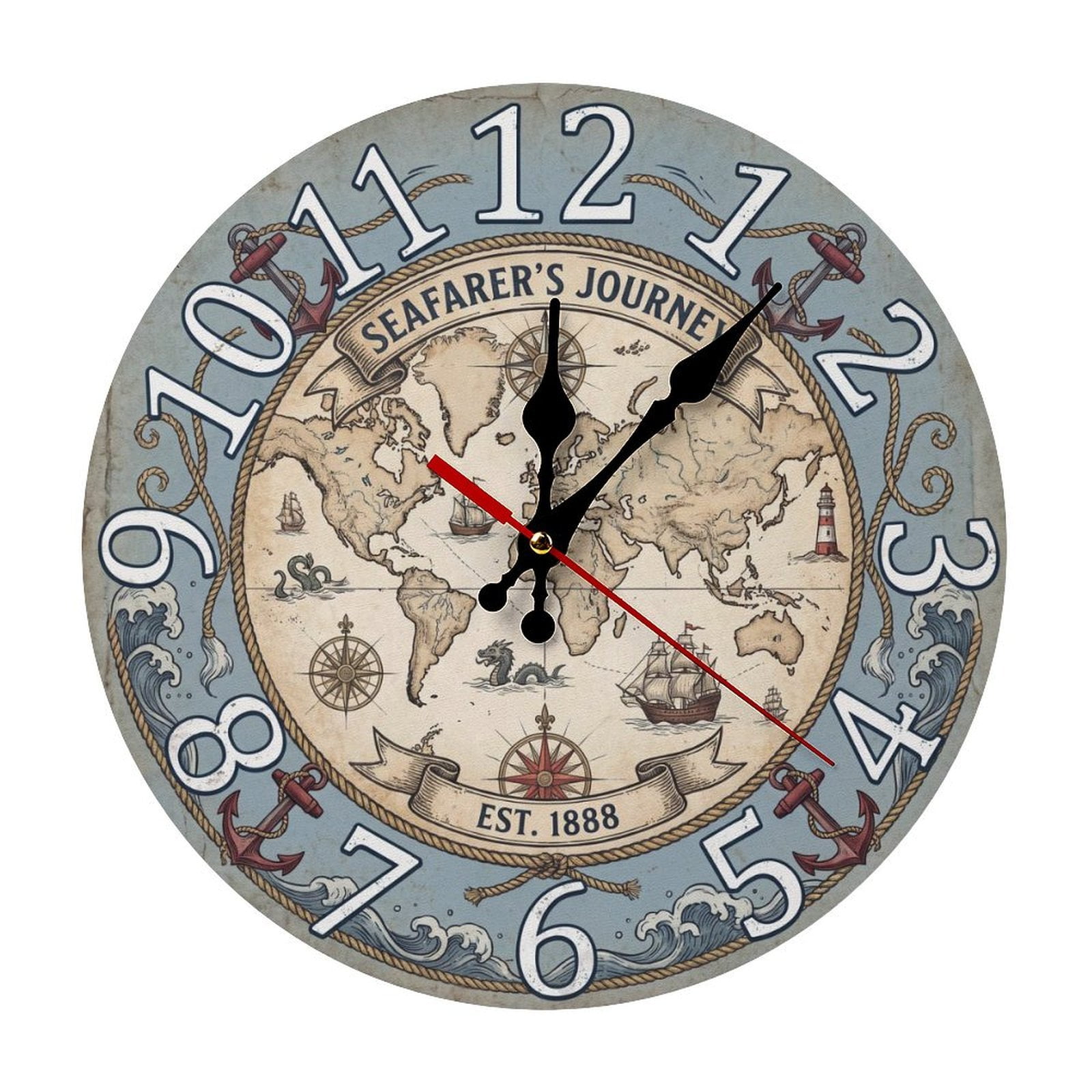 Antique World Map Dial 5mm Thick Solid Wood Wall Clock, Quiet Quartz Movement Easy Install Hanging Clock