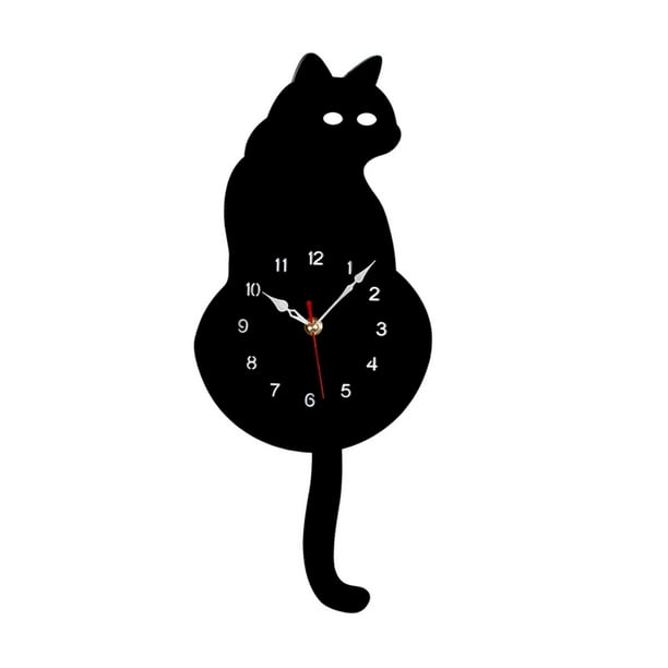 Reloj de gato con casa de pájaros, diseño minimalista moderno, reloj de péndulo, reloj de pared silencioso Negro
