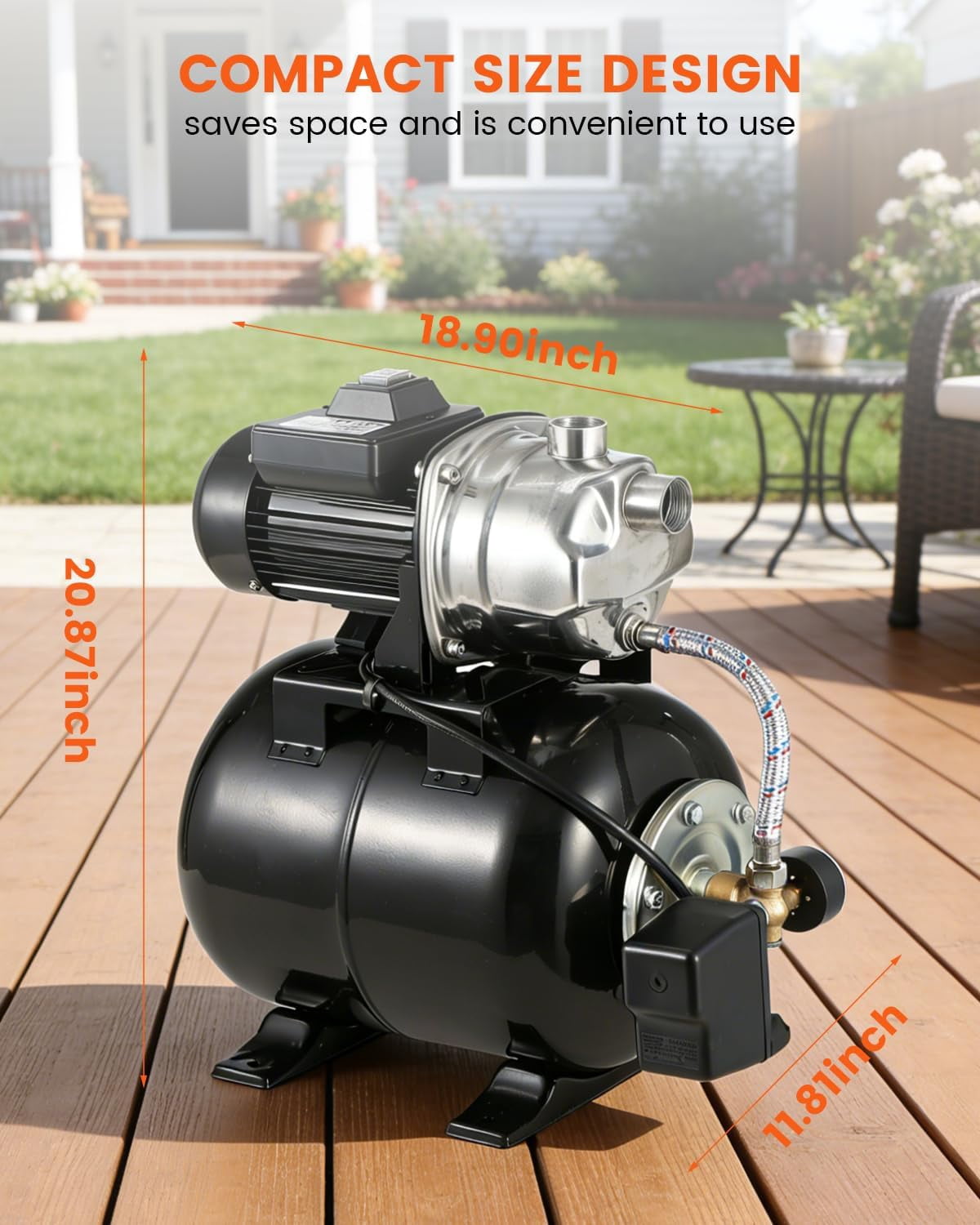 QinaQin Shallow Well Pump with Pressure Tank,Powerful 1.6HP 1320GPH High Flow,164ft Max Head,Stainless Steel Construction,Auto Pressure Switch for Home Farm ,Black