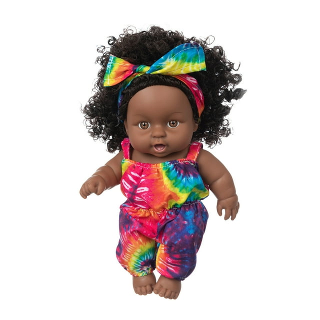 Meitianfacai 8’’ Black Baby Doll, African American Black Dolls for Girls 1 2 3 4 5 Years Old, Realistic Reborn Baby Doll with Curly Hair for Toddler 1-3, Small Baby Doll Toy for Birthday Gift
