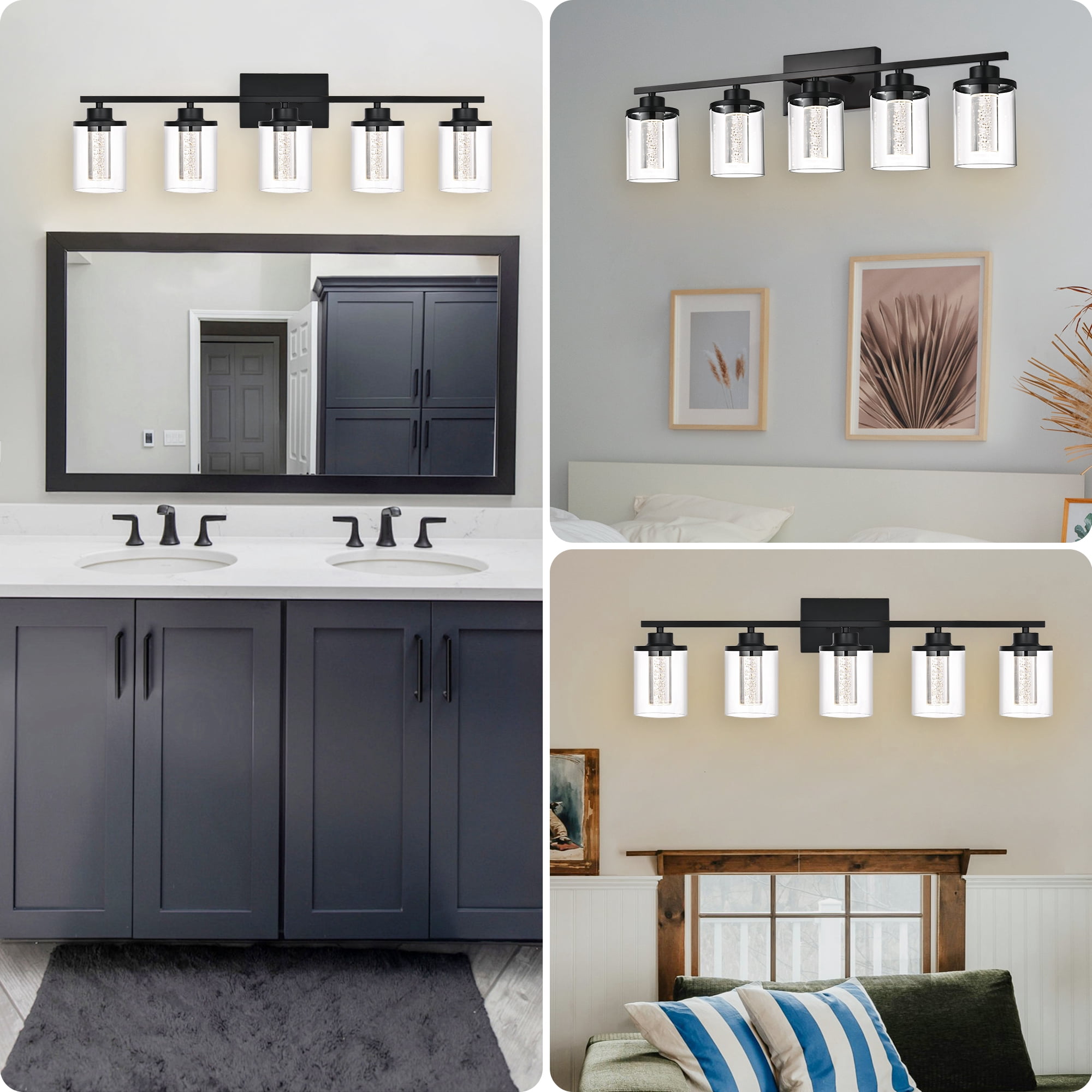 Melucee 5CCT Dimmable LED Black Vanity Lights 5-light, Modern Vanity Lighting Fixtures with Crystal Light Columns and Clear Glass for Bathroom Bedroom