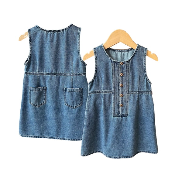 LYMAYTER Girls Kids Toddler Sleeveless Denim A-Line Dress Comfortable Cute Denim Dress 2-10Y
