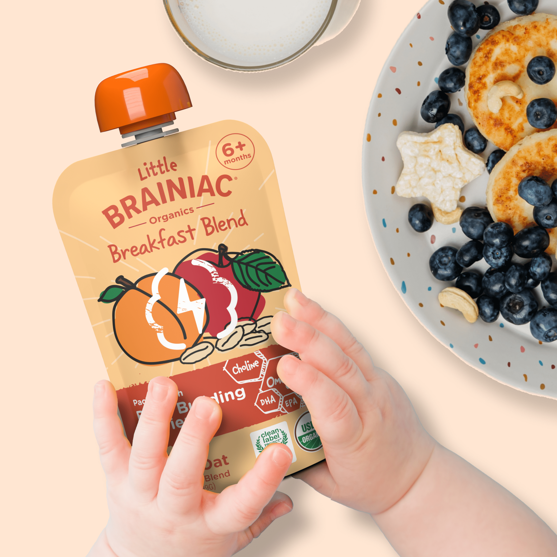 (12 pack) Little Brainiac Organic Fruit & Oat Toddler Food with BrainPack, Peach Apple Oat, 3.5oz