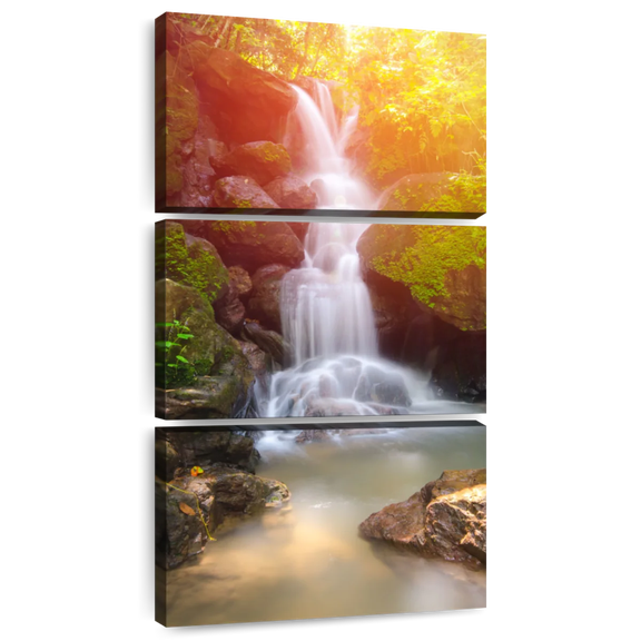 Elephant Stock Nakhon Nayok Waterfall Wall Art - Vertical Multi Panel Canvas - Living Room Wall Decor - Nature Multi Panel - Green And White Decor - 12" x 27"