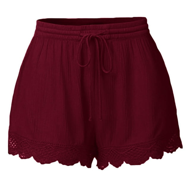 UAMVSH Womens Shorts Casual Lace Trim Plus Size Soft Shorts Summer Classic Elastic Waist Drawstring Shorts with Pockets