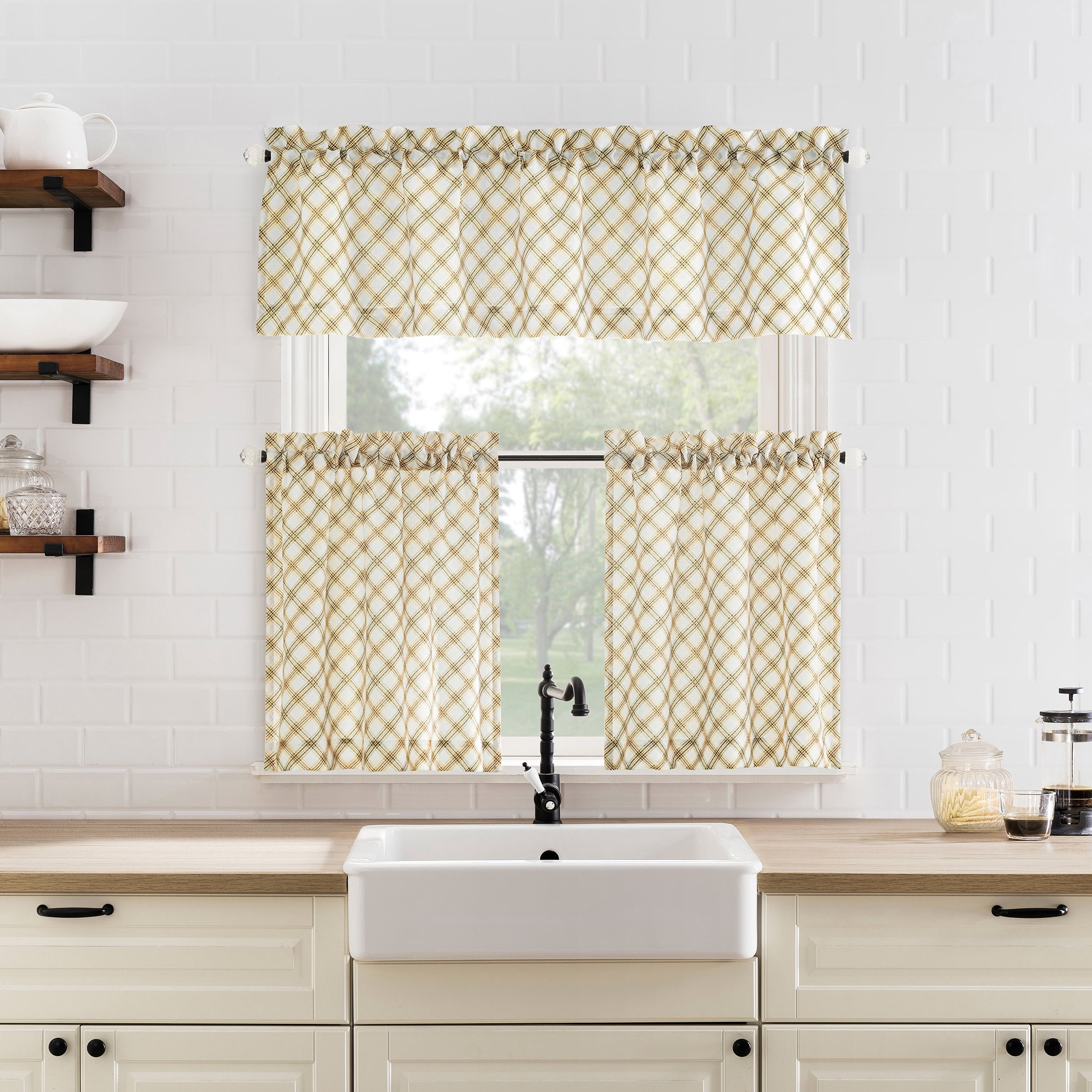 No. 918 Stone Bridge 2-Piece Plaid Semi-Sheer Rod Pocket Kitchen Curtains, 54"x24"