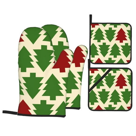 

YFYANG Oven Mitts and Pot Holders Sets 4 Pieces Non-Slip Heat Resistant Christmas Tree Graffiti Kitchen Glove Pot Mat for Cooking and Baking