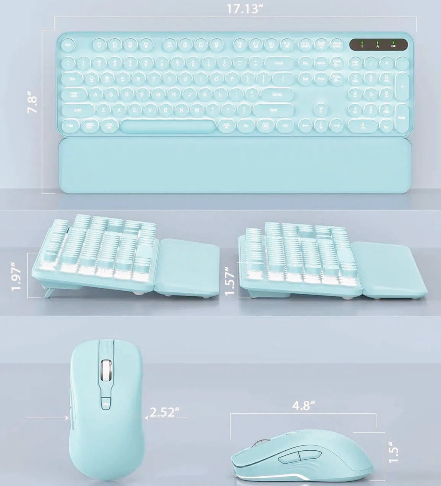 Wagpak Wireless Keyboard and Mouse Backlit - Retro Round Keycaps, Detachable Wrist Rest, Mint Green, New, 1 Count
