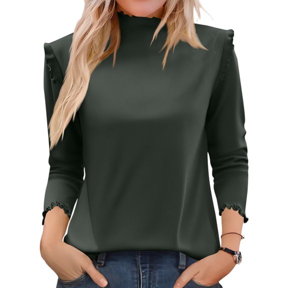 Ladies' Fashion Solid Color Fleece Ruffled Mock Neck Pullover Waveselvedge Half High Neck Long Sleeve Thickened Top