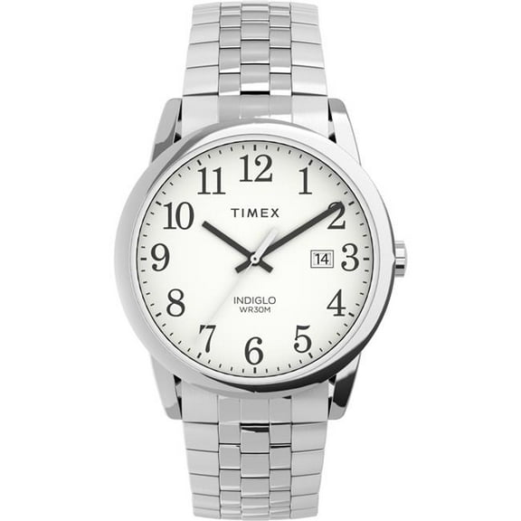 38 mm Mens Stainless Steel Expansion Band Watch with Perfect Fit, Silver Tone & White