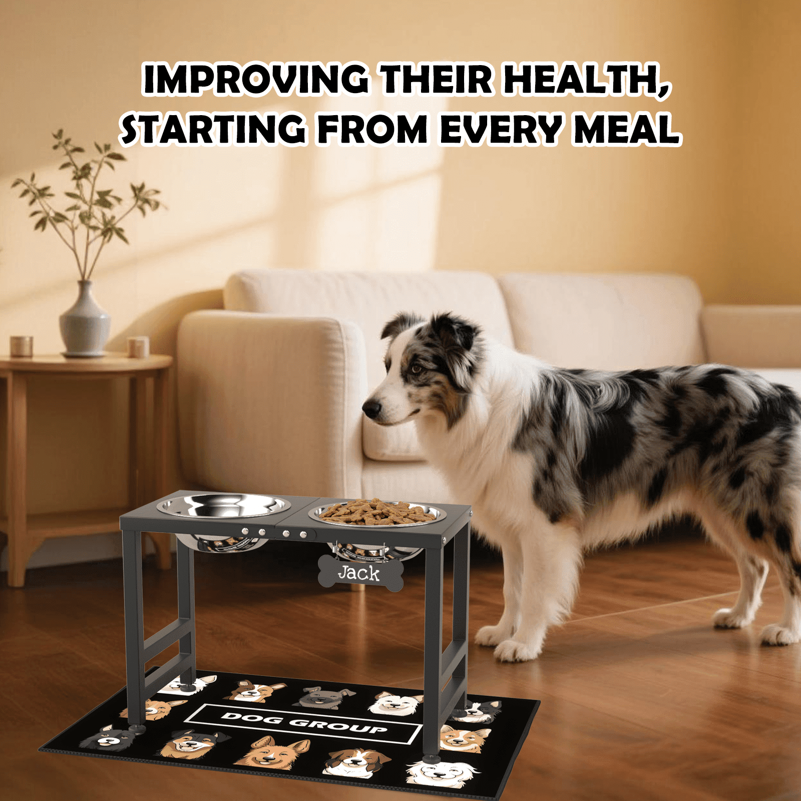 SHAINFUN Metal Raised Dog Bowl Stand for Large Dogs with 2000ml(68oz) Bowls Anti Spill Mat Bone Nameplate Pen For Large Dogs