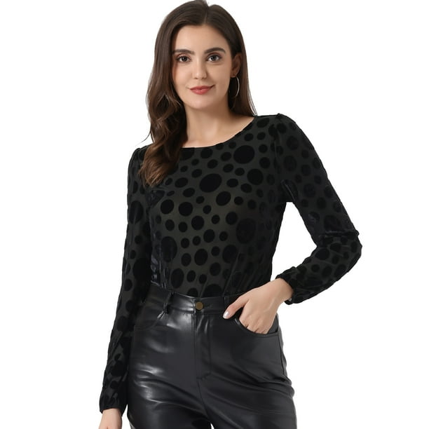 Blusa de manga abullonada larga de terciopelo Allegra K con estampado de puntos para mujer Negro S