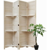 Room Divider with Shelves, 5.6 Ft Tall Folding Wood Screen with Double Hinges for Home Office Bedroom Hotel Decoration (4 Panels, White-Washed)