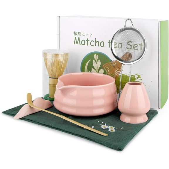 7-Piece Matcha Tea Set – Complete Japanese Matcha Kit with Ceramic Bowl, Bamboo Whisk & Holder, Scoop & Rest, Sifter, and Tea Towel – Perfect for Matcha Lovers (Pink)