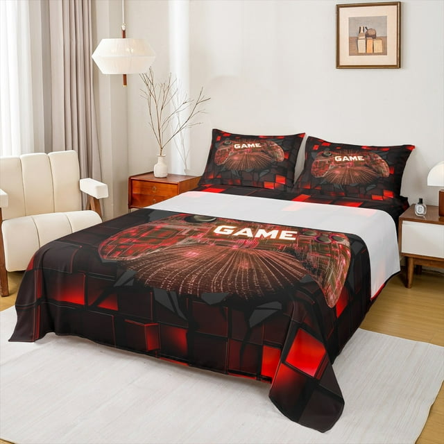 Manfei Boys Gamer Bed Sheets for Teens, Video Game Console King Sheets, Red Futuristic Cubes Sheet Set 4-Piece