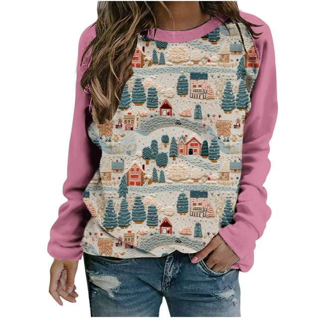 Birdeem Blouse de Noël Imprimée à Manches Longues pour Femmes, Col Rond, Tunique Décontractée