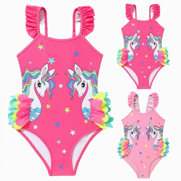 Xudanell Girls Swimsuits One-One Piece Bathing Suits Multicolor Kids Sport Summer Beach Swimwear for 2-10 Years Old (Pink, 18-24 Months)
