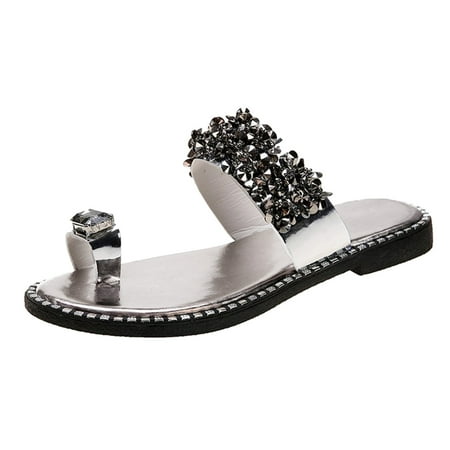 

uikmnh Women Slippers Women s Slippers Shoes Blings Flats Sliders Slip On Strap Sandals Summer Shoes For Women Silver 8.5
