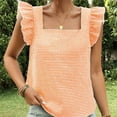 thumbnail image 2 of Summer Trendy Tops Women Ruffled Fly Sleeve Square Neck Plaid Shirt Dressy Casual Tank Top Blouses Sleeveless (XL, Orange), 2 of 5